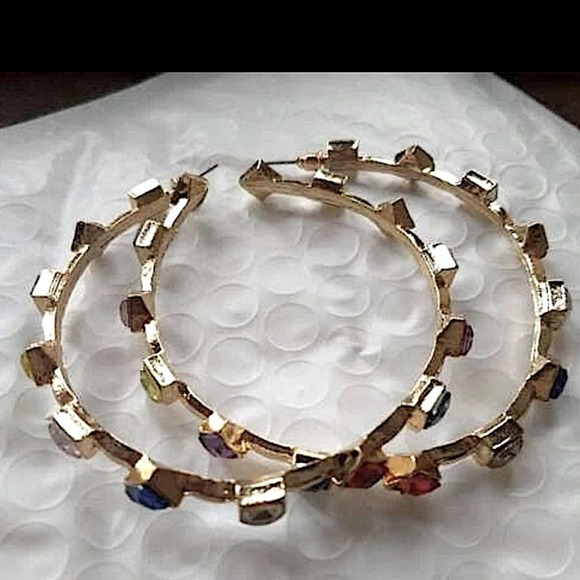 Gold 18K GP Multicolored Gemstone Cuff Hoop Earrings - Picture 7 of 12